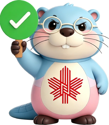 Nordy holding a green check mark