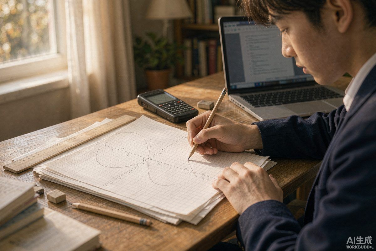 A student plotting function graphs by hand on graph paper beside a laptop