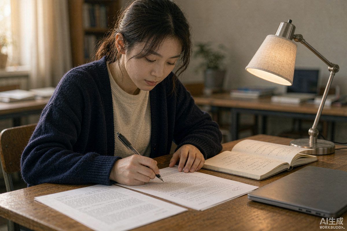 A student annotating a printed text with notes and a laptop at the desk