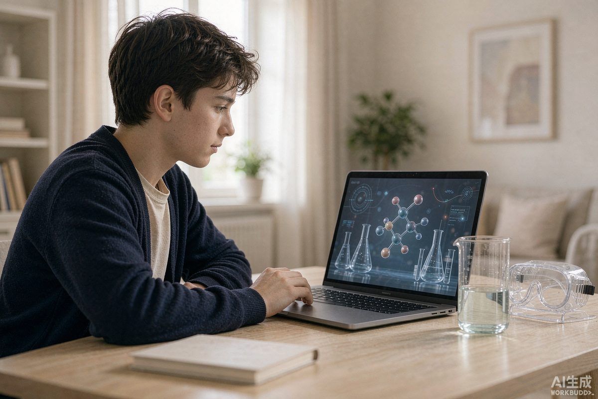 A student following a virtual science experiment on a laptop beside laboratory glassware