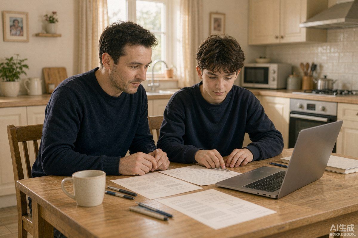 A parent and student reviewing school documents together at a table