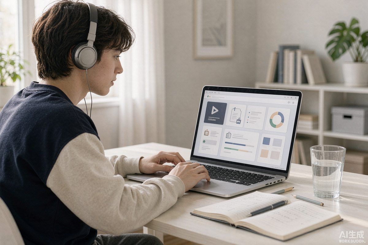 A student working through an online course on a laptop at home