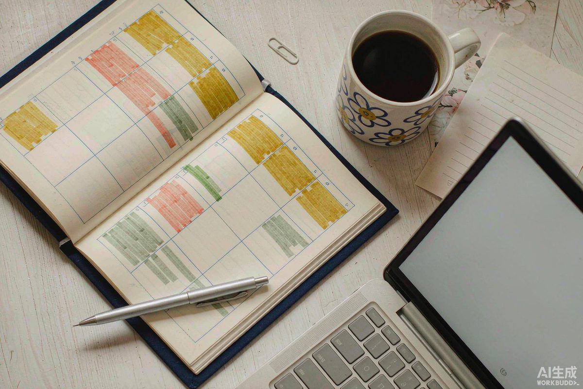 An overhead view of a weekly study planner beside a laptop