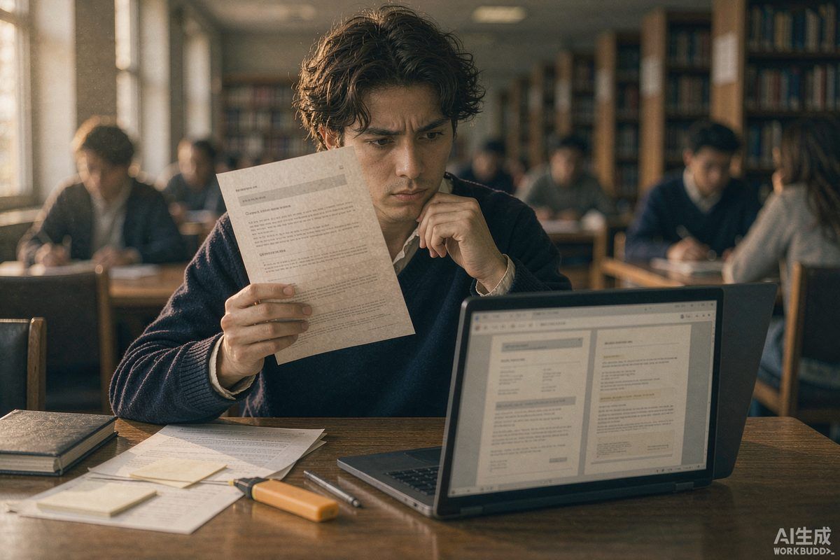 A student comparing printed policy pages with information on a laptop