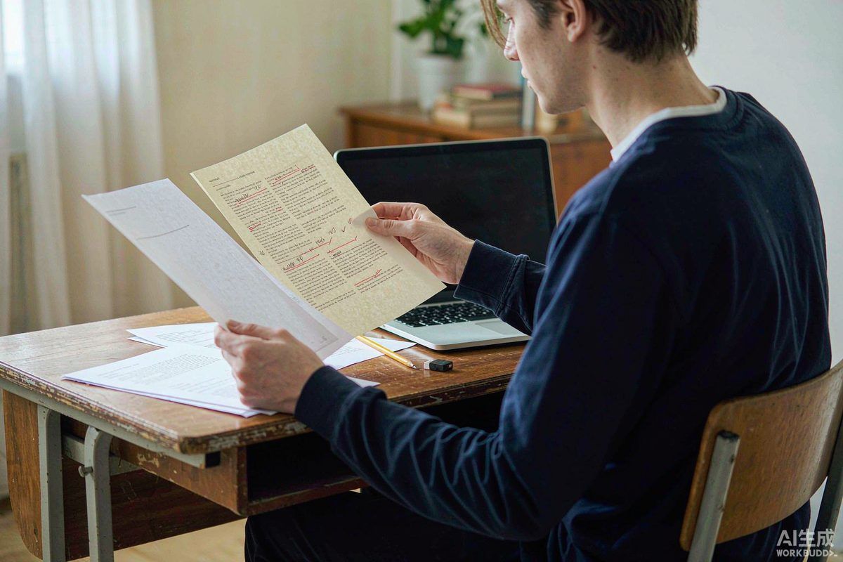 A student comparing a marked assignment with a printed course outline