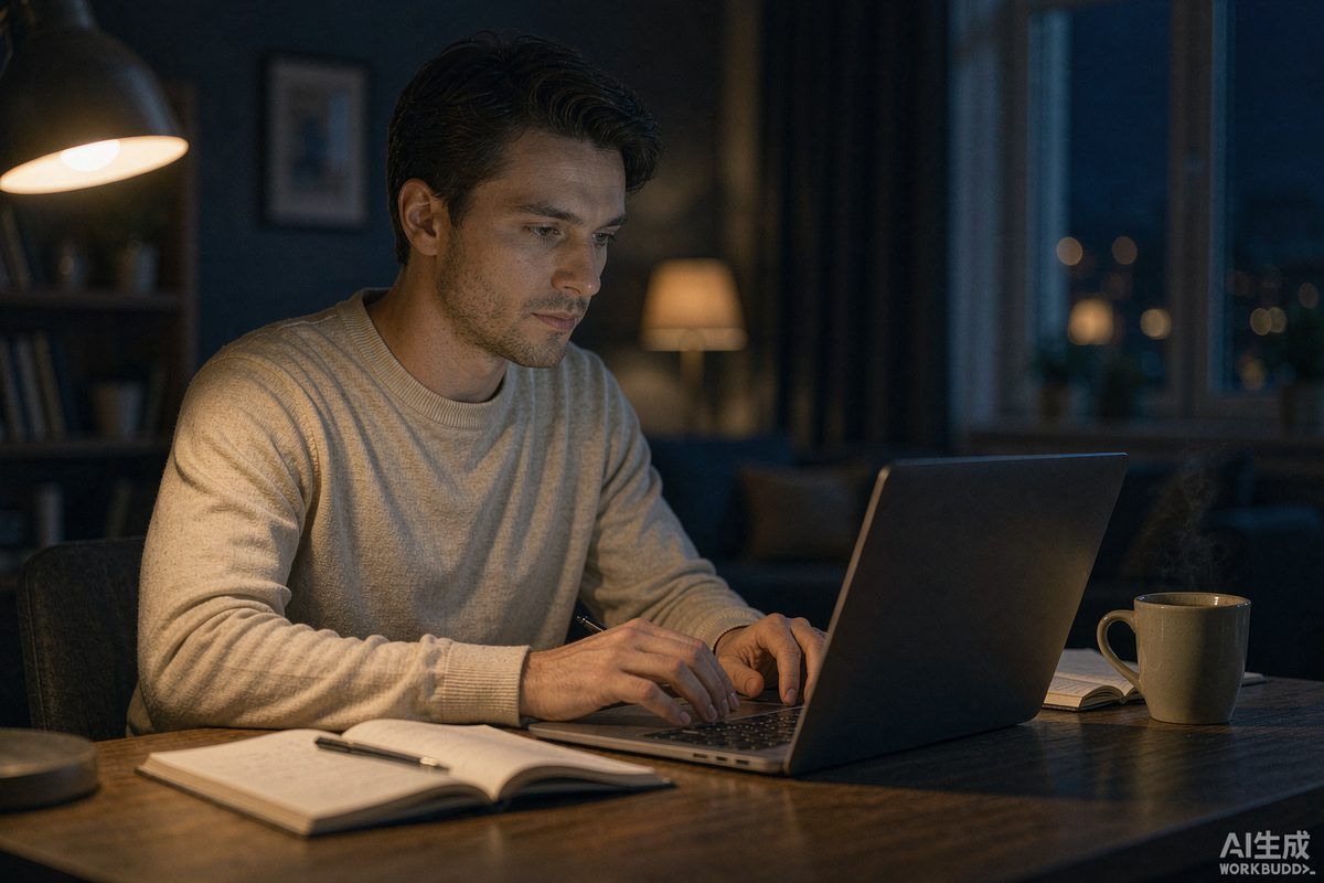 An adult learner studying at a laptop in the evening after work