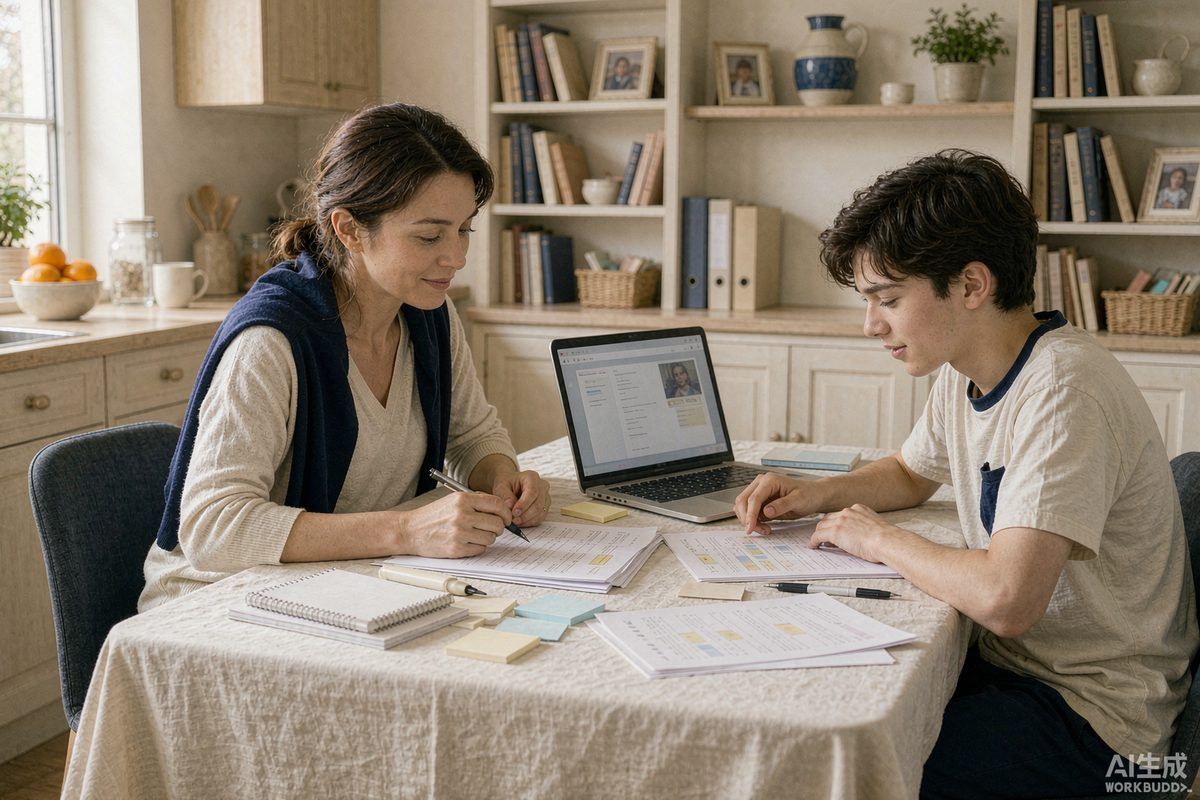 A parent and student reviewing course materials together at home