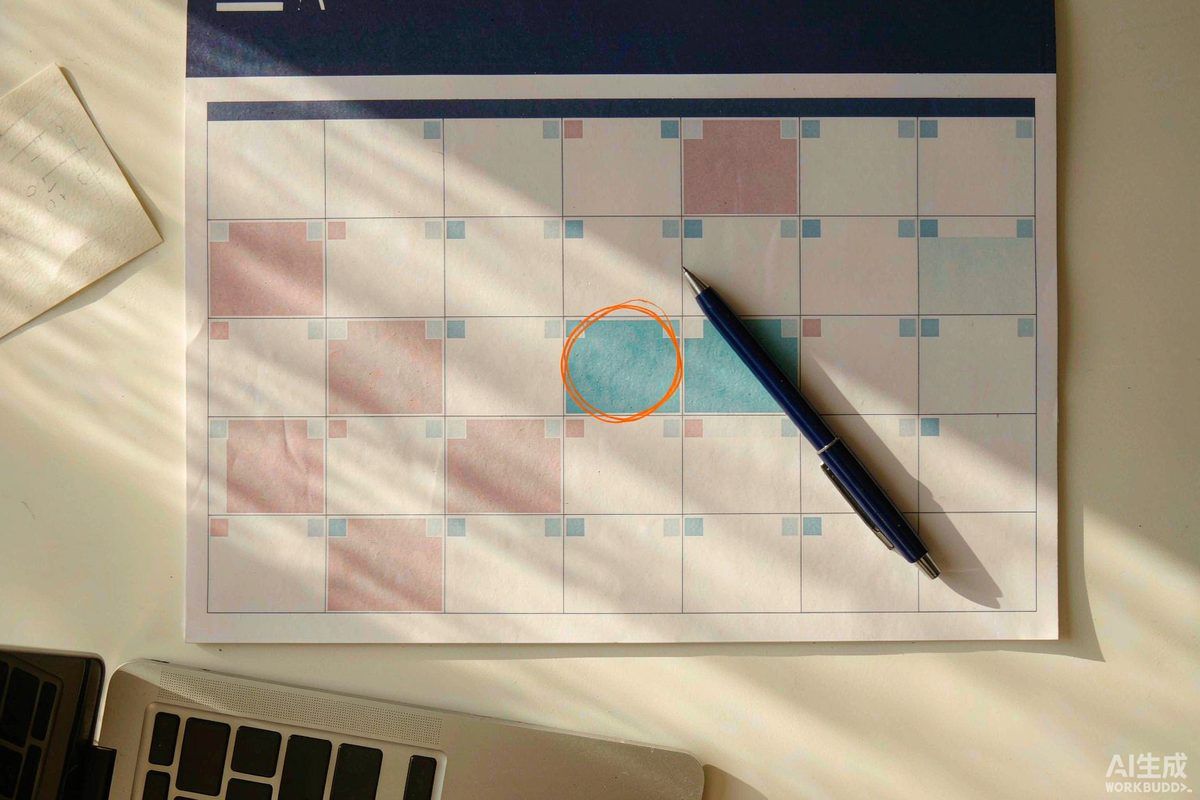 An overhead view of a calendar with a deadline circled and study blocks marked