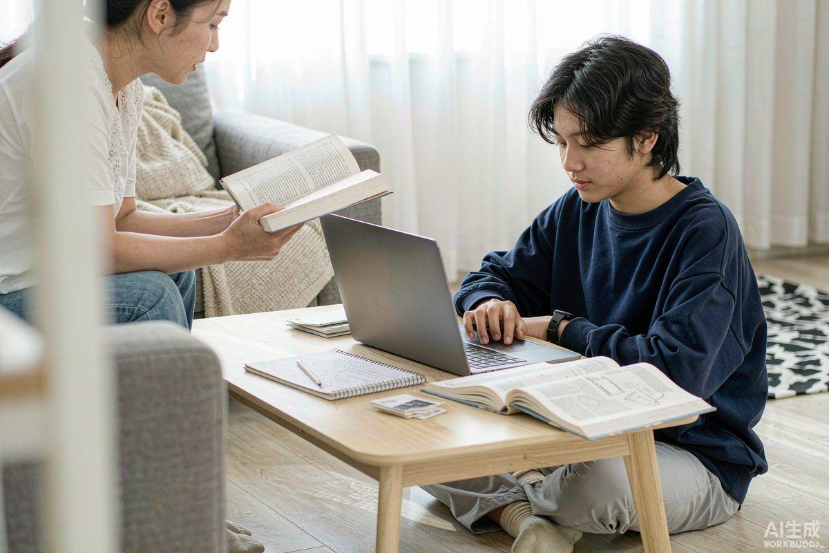 A younger student working at a laptop with a parent nearby