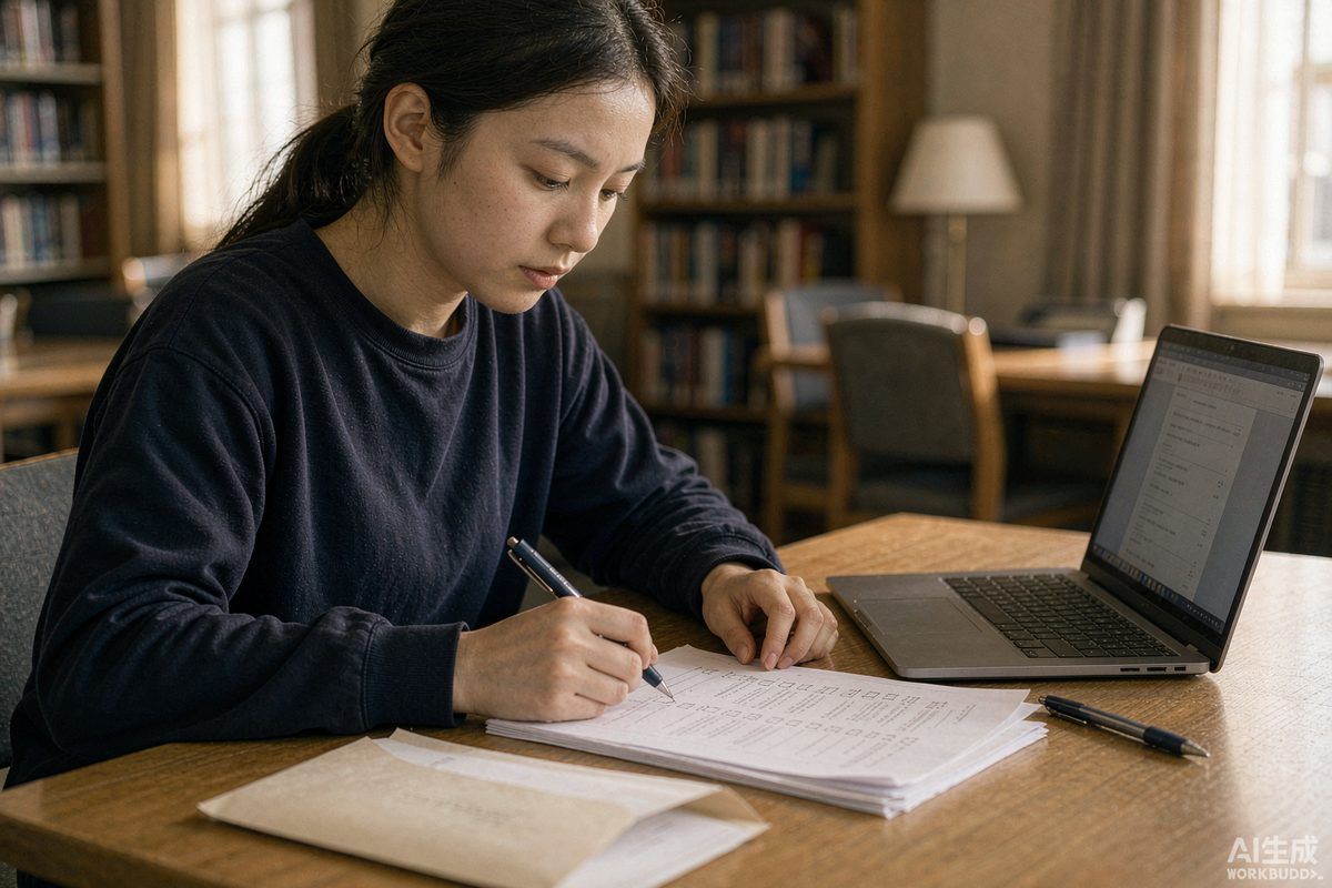 A student reviewing an application checklist beside a laptop