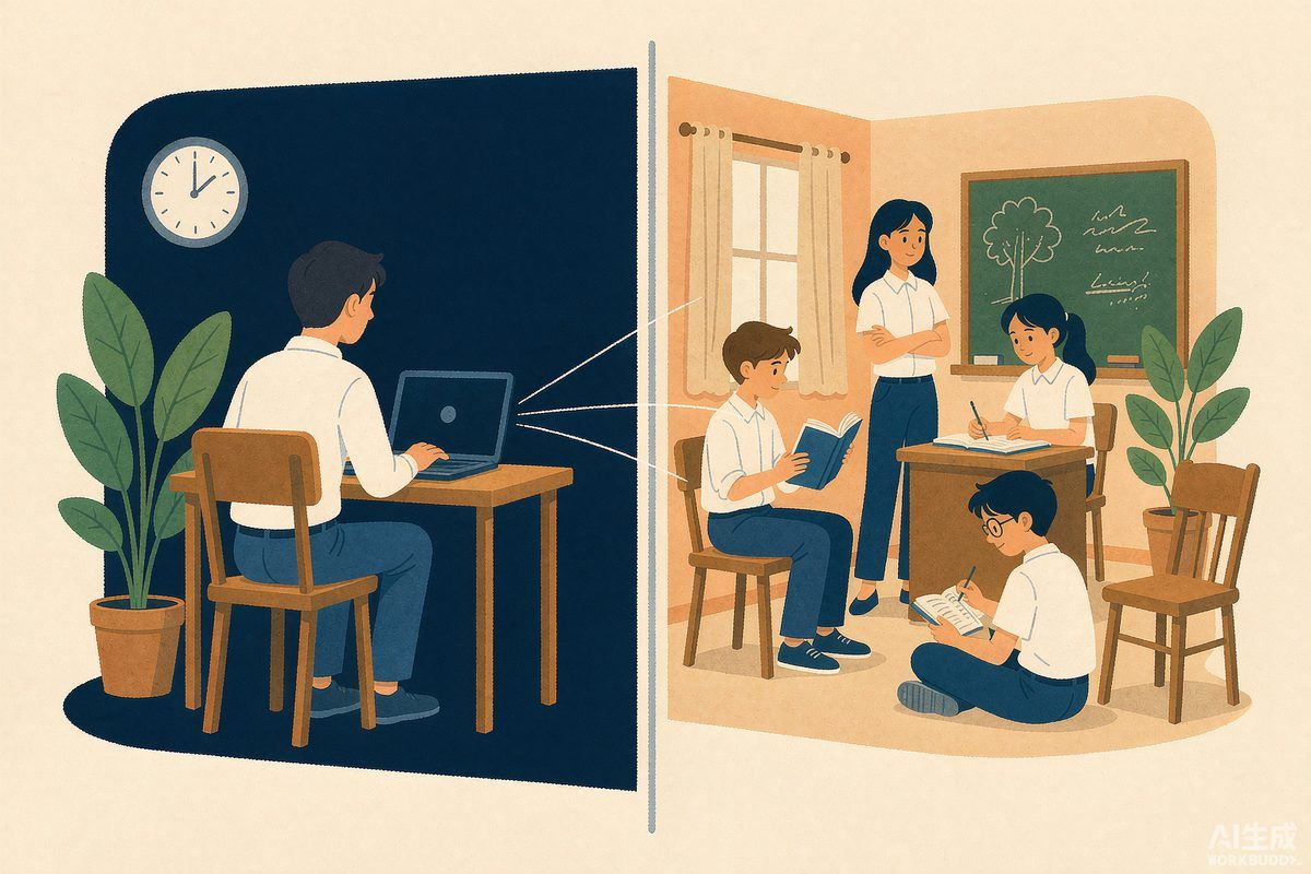 A split illustration comparing study at home with study in a classroom