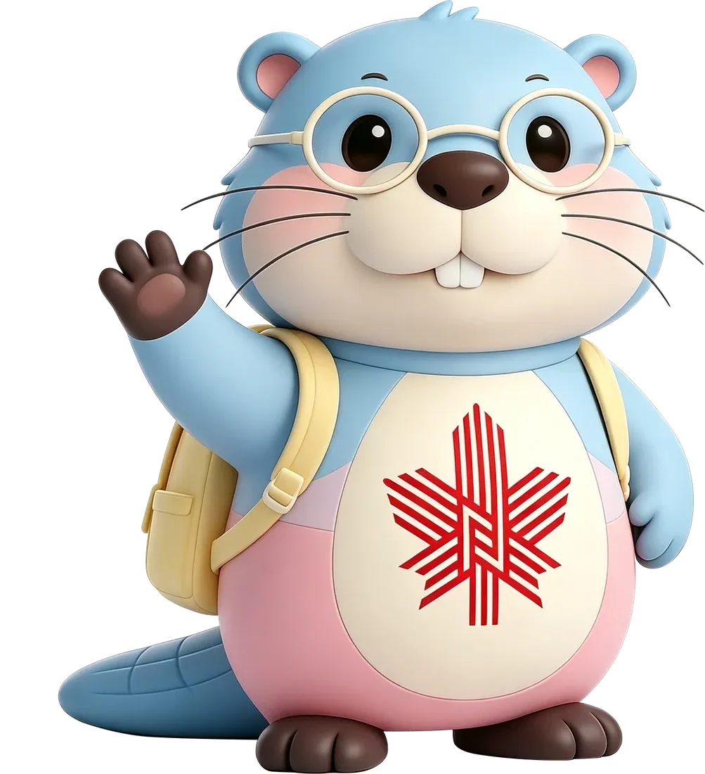Nordy waving with a school backpack